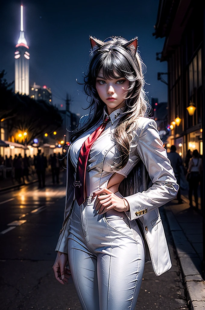 (masterpiece, best quality:1.2), solo, 1girl, cowboy shot, blake belladonna, expressionless, closed mouth, looking at viewer,  cat ears, formal, white suit, red necktie, white pants, pointy footwear, standing in cityscape, night, stars, crowd