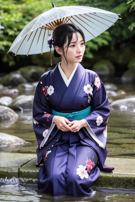 1 person、real、wet、hakama、japanese、kimono、women、、long-sleeved kimono、long hakama、soaking wet、rain、river、clothes that stick to the...