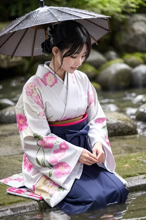 1 person、real、wet、hakama、japanese、kimono、women、、long-sleeved kimono、long hakama、soaking wet、rain、river、clothes that stick to the...