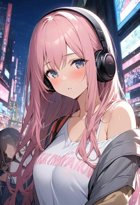 masterpiece、highest quality、ultra-detailed、with a girl、her hair is pink and shoulder length.、wear headphones, tokyo、city of nigh...