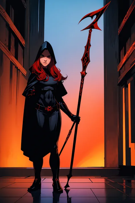 ((full body photo, standing, feet on the floor))  1 red hair girl magdalena wearing black hood and black suit, holding spear, ci...