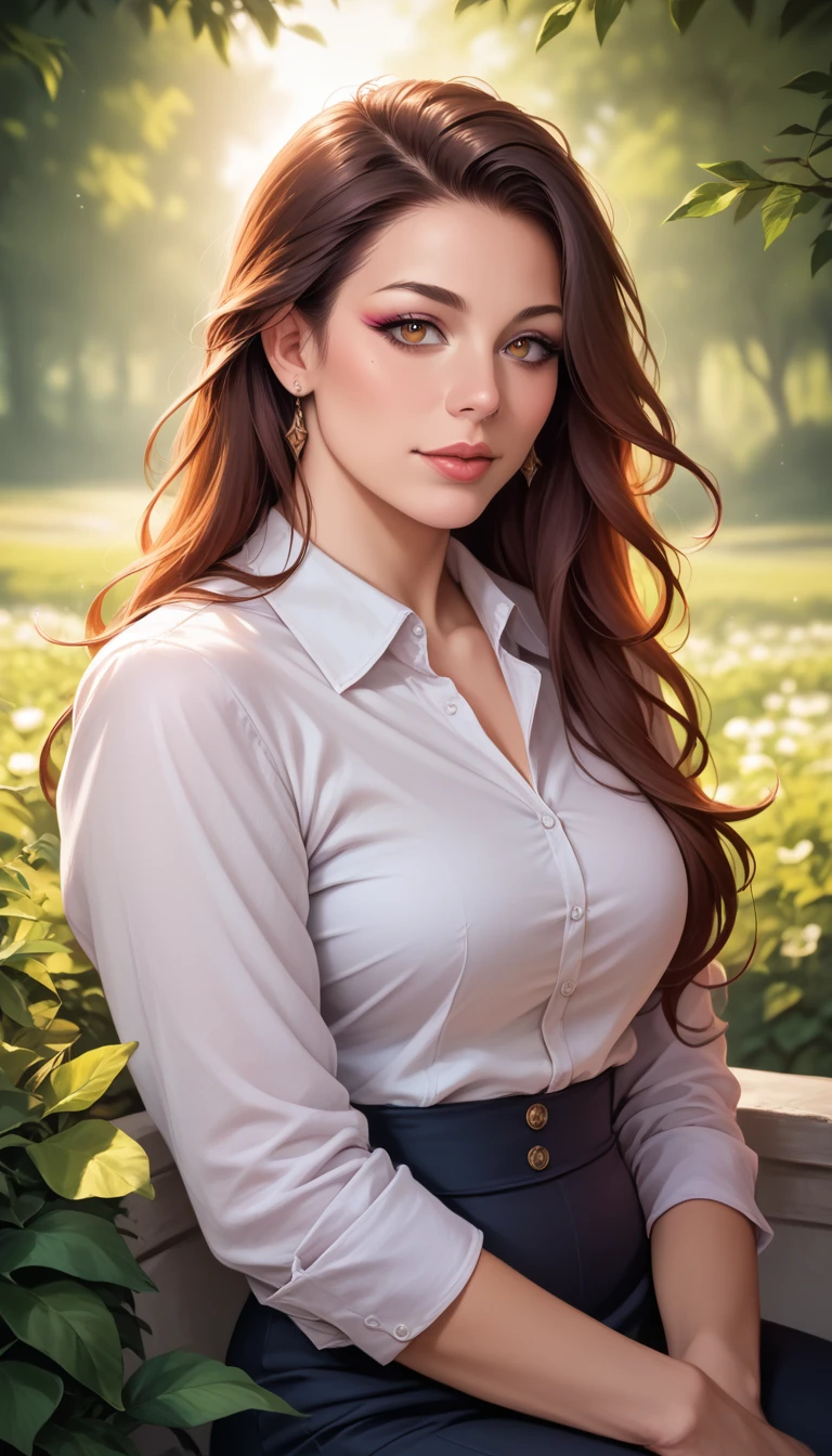 a cute girl, a casual and flirty expression, beautiful detailed eyes, beautiful detailed lips, extremely detailed face, longeyelashes, delicate features, light makeup, casual clothing, outdoor garden setting, natural lighting, warm color tones, vibrant colors, serene atmosphere, dreamlike quality, (best quality,4k,8k,highres,masterpiece:1.2),ultra-detailed,(realistic,photorealistic,photo-realistic:1.37),professional portrait