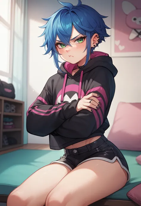 femboy in a pink gamer room, adolescent, blue hair, green eyes, emo, blushed, grumpy face, wearing a black hoodie and booty shorts, crossing arms