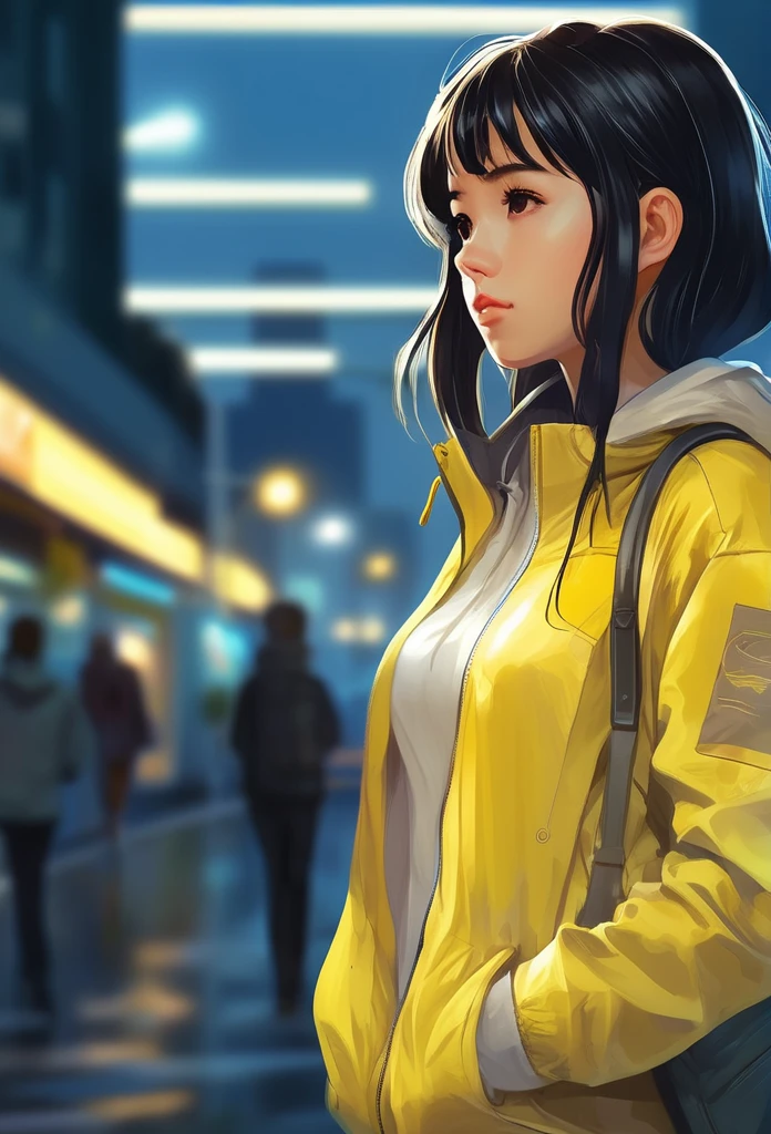 A girl, yellow jacket, hands in pockets, staring at another person, long black hair, heterochromic eyes, heterochromic eyes, heterochromic pupils, 8k resolution, very detailed, anatomically correct, digital painting, concept art, Makoto Shinkai style, clear picture,