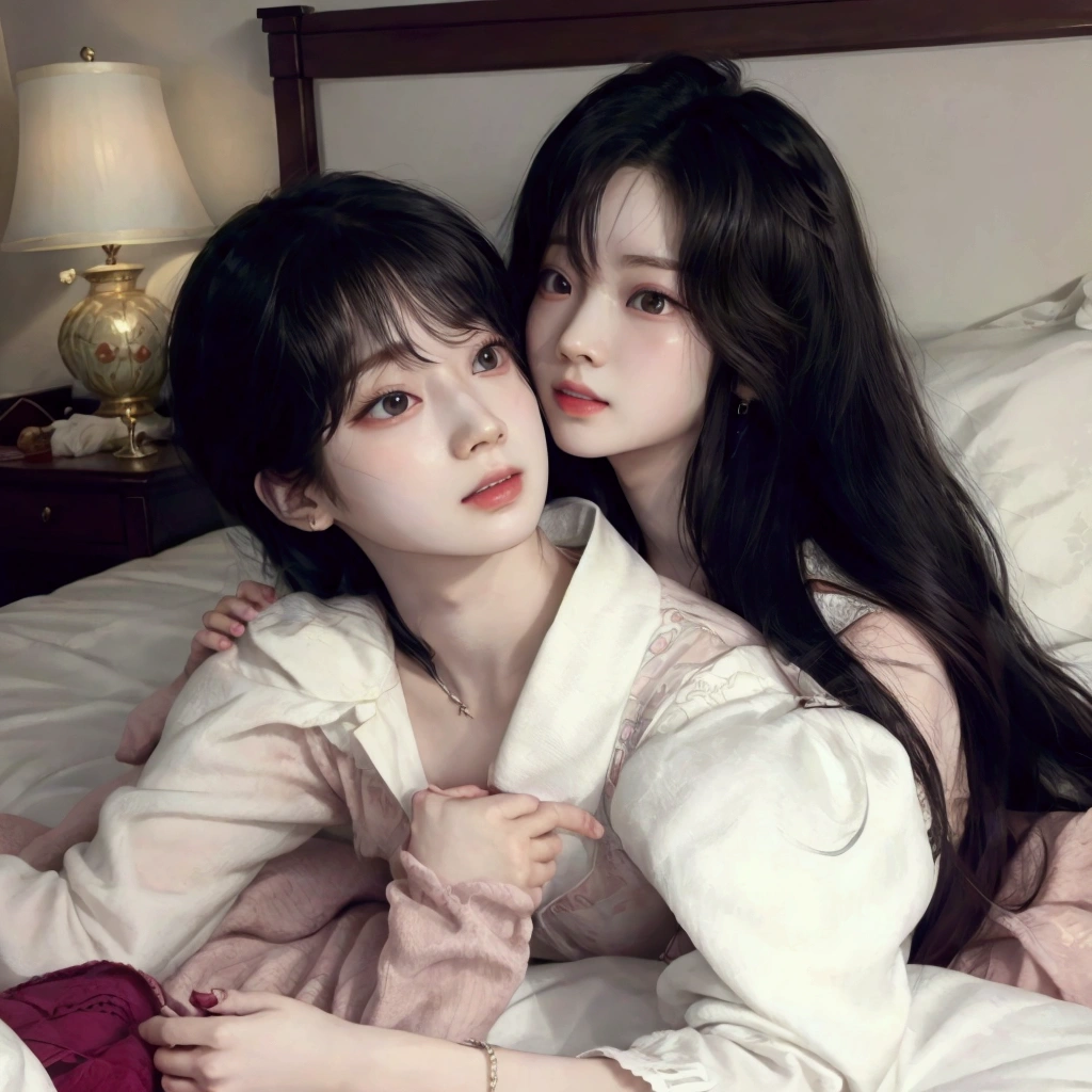 they are two people laying on a bed together, couple pose, lovely couple, ulzzang, male ulzzang, cai xukun, jinyoung shin, couple, sakimichan, couple on bed, south korean male, korean, attractive pose, & jeehyung lee & wlop, by Jin Nong, profile pic, taejune kim, with long hair