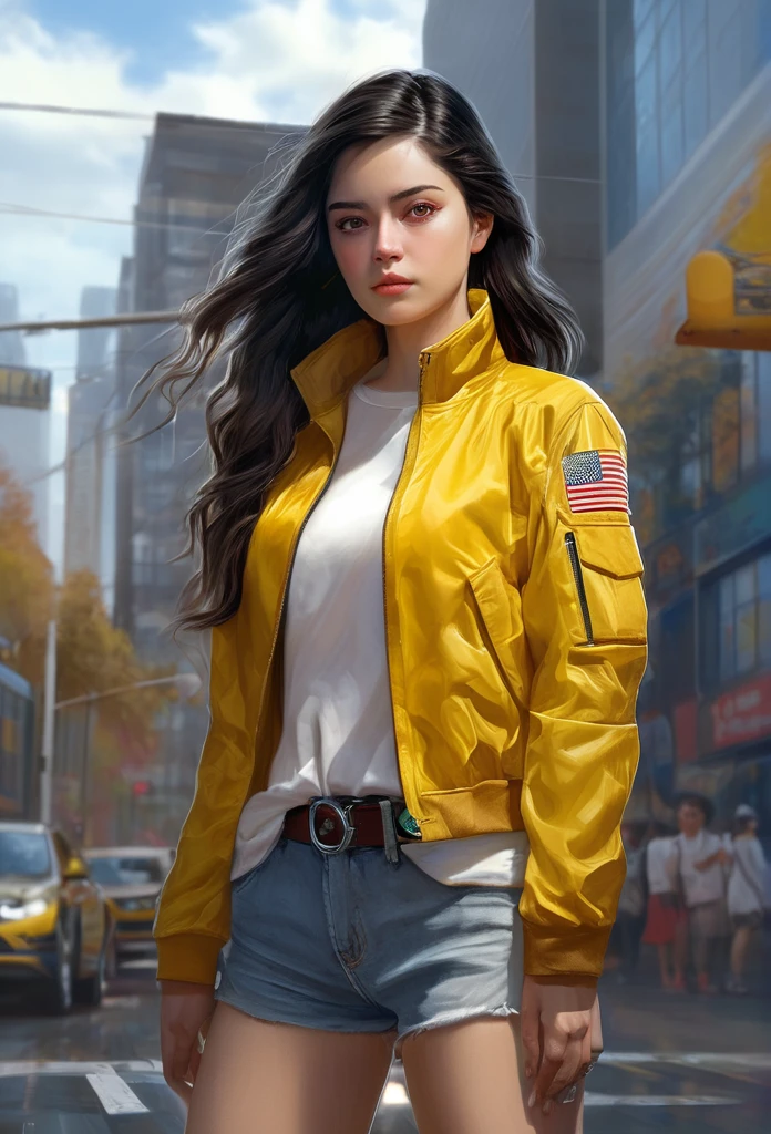 (Masterpiece), (Best Quality), (Best Illustration), (Photorealistic Painting), (Official Art, Highly Detailed CG Unity 8k Wallpaper), (Highly Detailed), ((Outrageous)), Medium Shot, 1 Girl, Yellow Jacket, Hands in Pockets, Staring at Other, Long Black Hair, Heterochromia, 8k Resolution, Highly Detailed, Anatomically Correct, Digital Painting, Concept Art, Sharp Resolution,