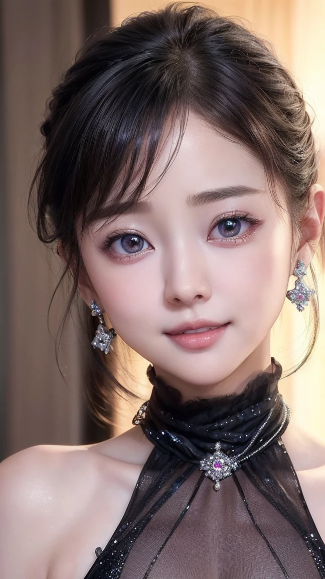 (4K quality:1.3),(Best Quality:1.5),(Whitening:1.4),(Beautiful Skin:1.4),(10th Generation:1.5),(Baby Face:1.5),(The ultimate beauty:1.5),(Arisa Hanyu:1.4),rich,Upper Body,smile,(tits:1.5),(A black bejeweled dress with a large neckline that reaches down to the navel:1.3),(jewelry),(Super Celebrity),(Supermodel),(Tight waist:1.4),(Night viewの良いホテル:1.1),(luxury:1.2),(Arisa Hanyu:1.5),(Anorexia:1.4),(Night view:1.3),(Face close-up:1.2),Catchlight,(Child&#39;s face),(smile:1.1),(Half Up Hair:1.3),(Bright Blue Eyes),(2D cuteness:1.5),(Cute Makeup),Beautiful fingertips,(Transparent white skin),(albino),(Light hits the subject:1.3),Best Shot