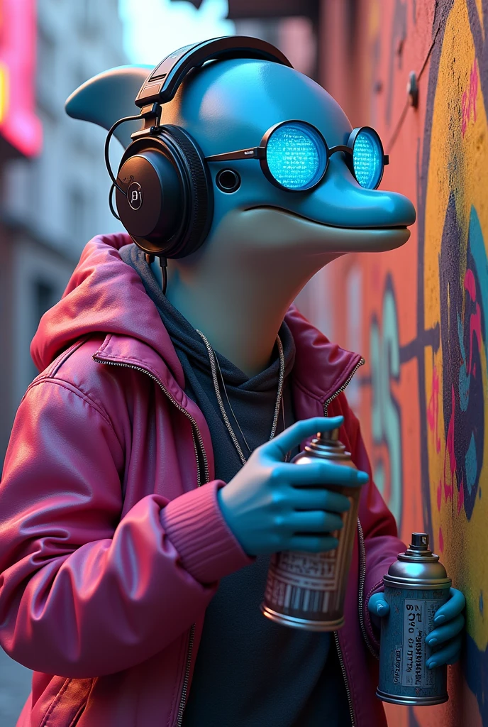 an anthropomorphic dolphin, dressed in 80s clothes but with cyberpunk style like a street art creator, He is wearing stereo headphones and glasses with a light blue HTML code on them.. He wears a camera hanging from his neck, On his light blue jacket he has the text in black ("seaart"). watching a group of people painting on the street