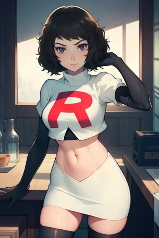 sadayokawakami,rocket,team rocket uniform, red letter R, white skirt,white crop top,black thigh-high boots,black elbow gloves, evil smile, look at viewer,