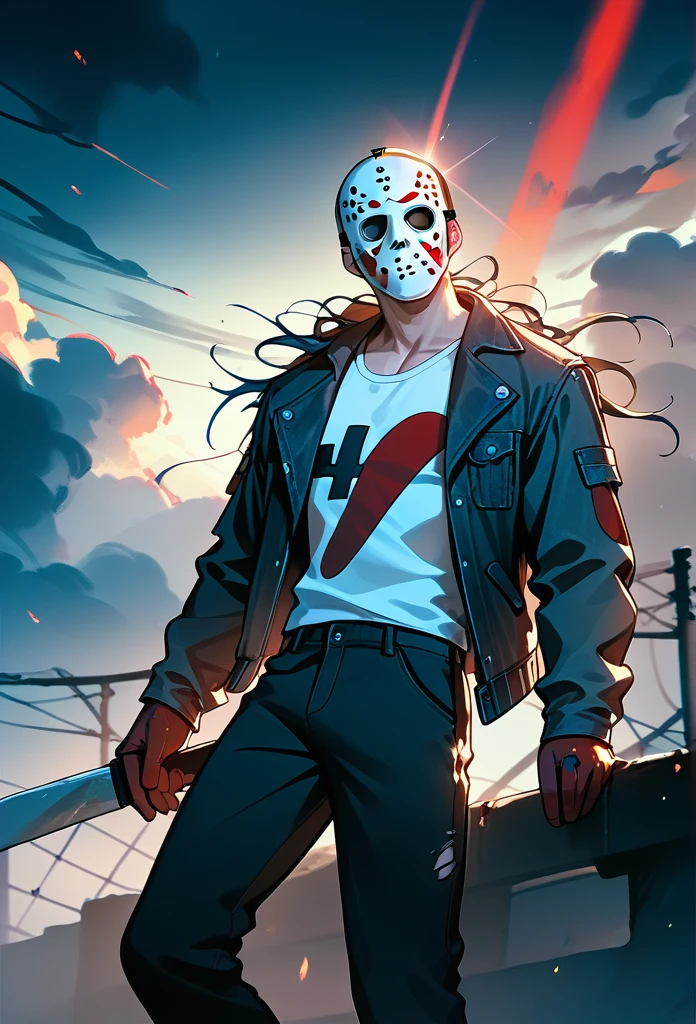 mature male, humanoid, (jason voorhees mask, black jason voorhees mask), black wavy hair (torn jacket, ragged jacket), shadow aura, black aura, hellish background, ruined city, apocalypse, (arms on side), (black skies, dark clouds)