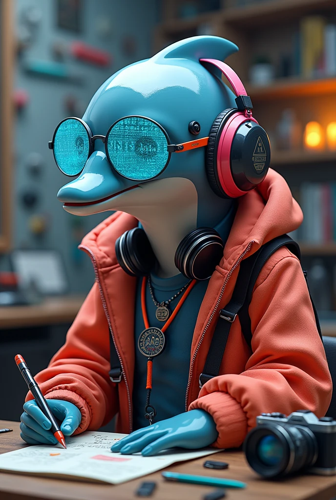 an anthropomorphic dolphin, dressed in 80s clothes but with cyberpunk style like a street art creator, He is wearing stereo headphones and glasses with a light blue HTML code on them.. He wears a camera hanging from his neck, On his light blue jacket he has the text in black ("seaart"). watching a group of people painting on the street