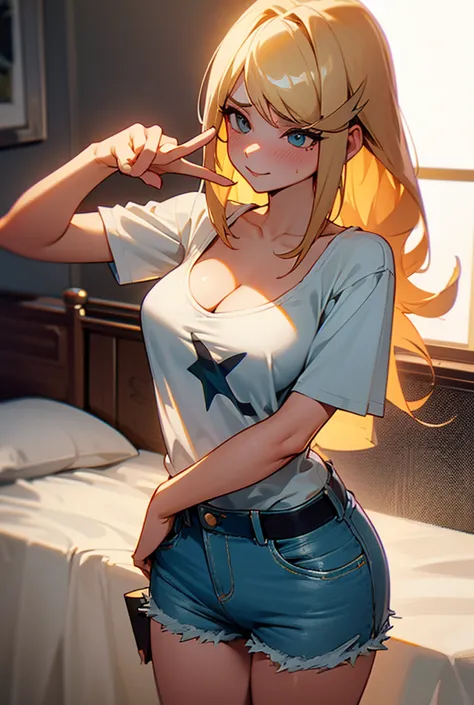 mythra hikari, long blonde hair, t-shirt with cleavage, sexy denim skirt, motel room vibe, intimate and compromising pose, compl...