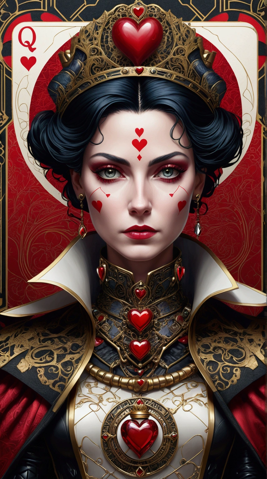 Queen of Hearts, fantasy cyberpunk, regal setting, face card, in the style of Ellen Gallagher