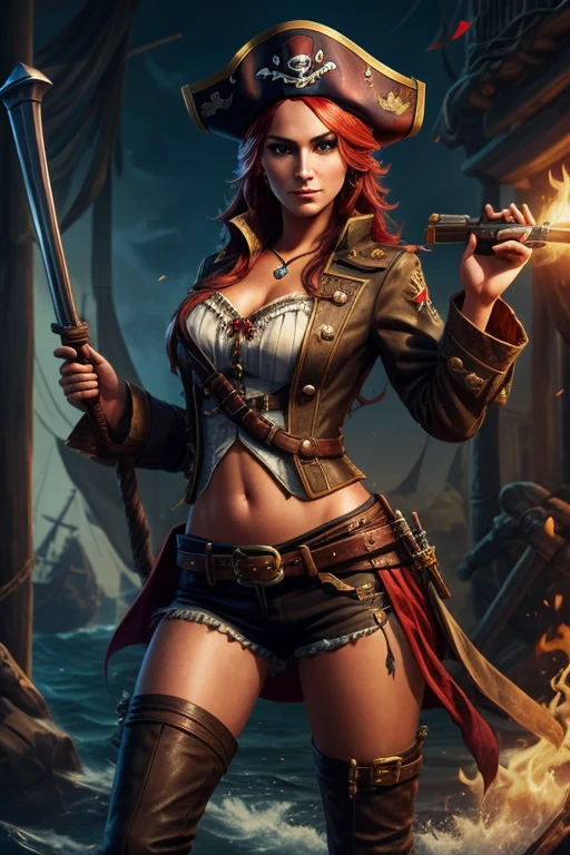 a woman in pirate costume holding a gun and a pirate hat, pirate queen, pirate woman, swashbuckler class pirate, pirate setting, pirate, female pirate captain, sea of thieves style, miss fortune league of legends, nautical siren, pirate clothing, pirate clothes, zenescope, ornate piracy, pirate themed, a pirate, miss fortune, swashbuckler