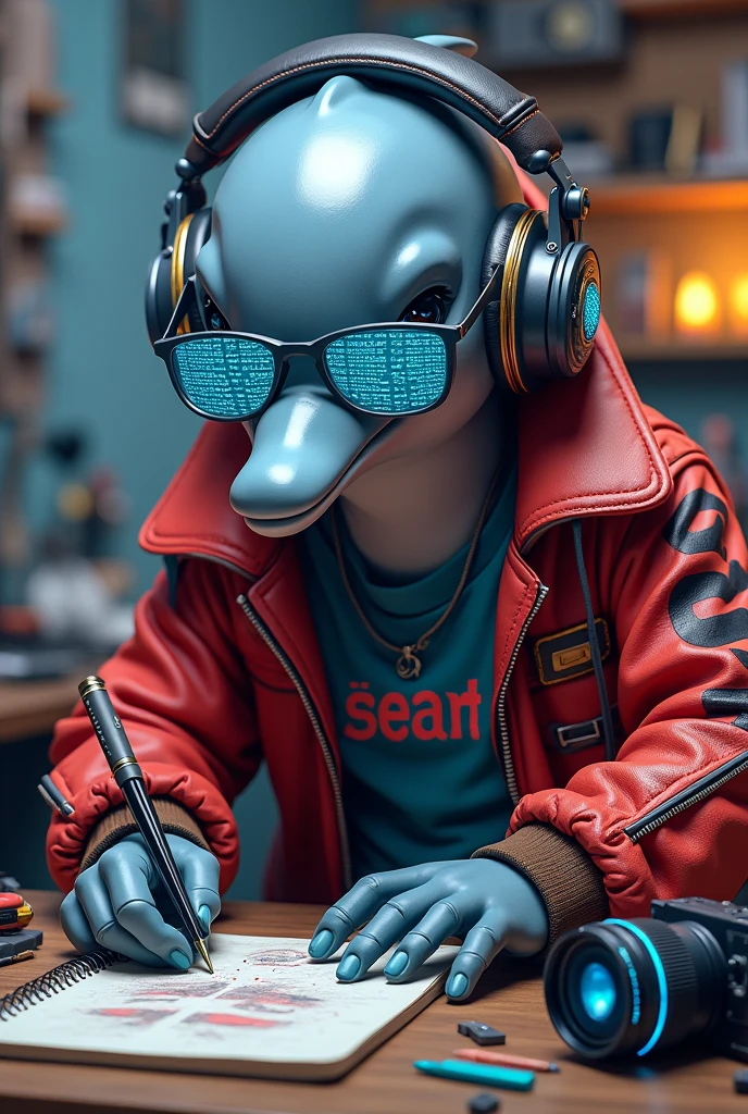 an anthropomorphic dolphin, dressed in 80s clothes but with cyberpunk style like a street art creator, He is wearing stereo headphones and glasses with a light blue HTML code on them.. He wears a camera hanging from his neck, On his light blue jacket he has the text in black ("seaart"). watching a group of people painting on the street