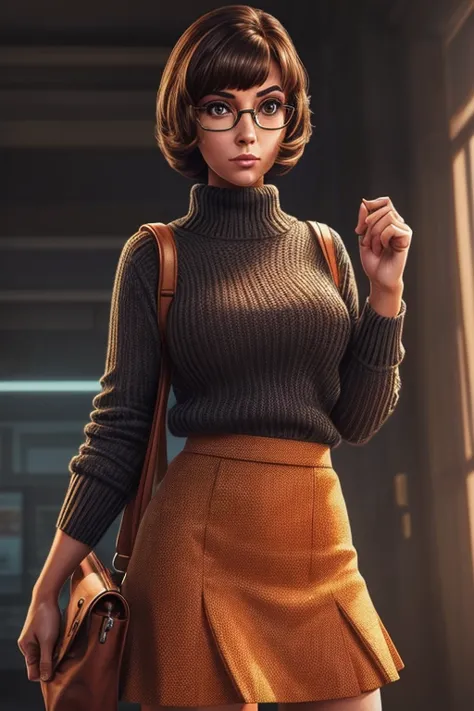 a close up of a woman in a skirt and sweater holding a bag, velma, nerdy appearance, extremely detailed artgerm, in the style ar...