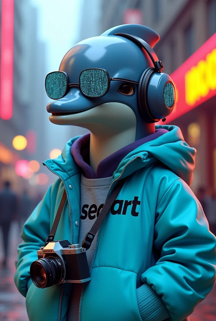 an anthropomorphic dolphin, dressed in 80s clothes but with cyberpunk style like a street art creator, He is wearing stereo headphones and glasses with a light blue HTML code on them.. He wears a camera hanging from his neck, On his light blue jacket he has the text in black ("seaart"). watching a group of people painting on the street