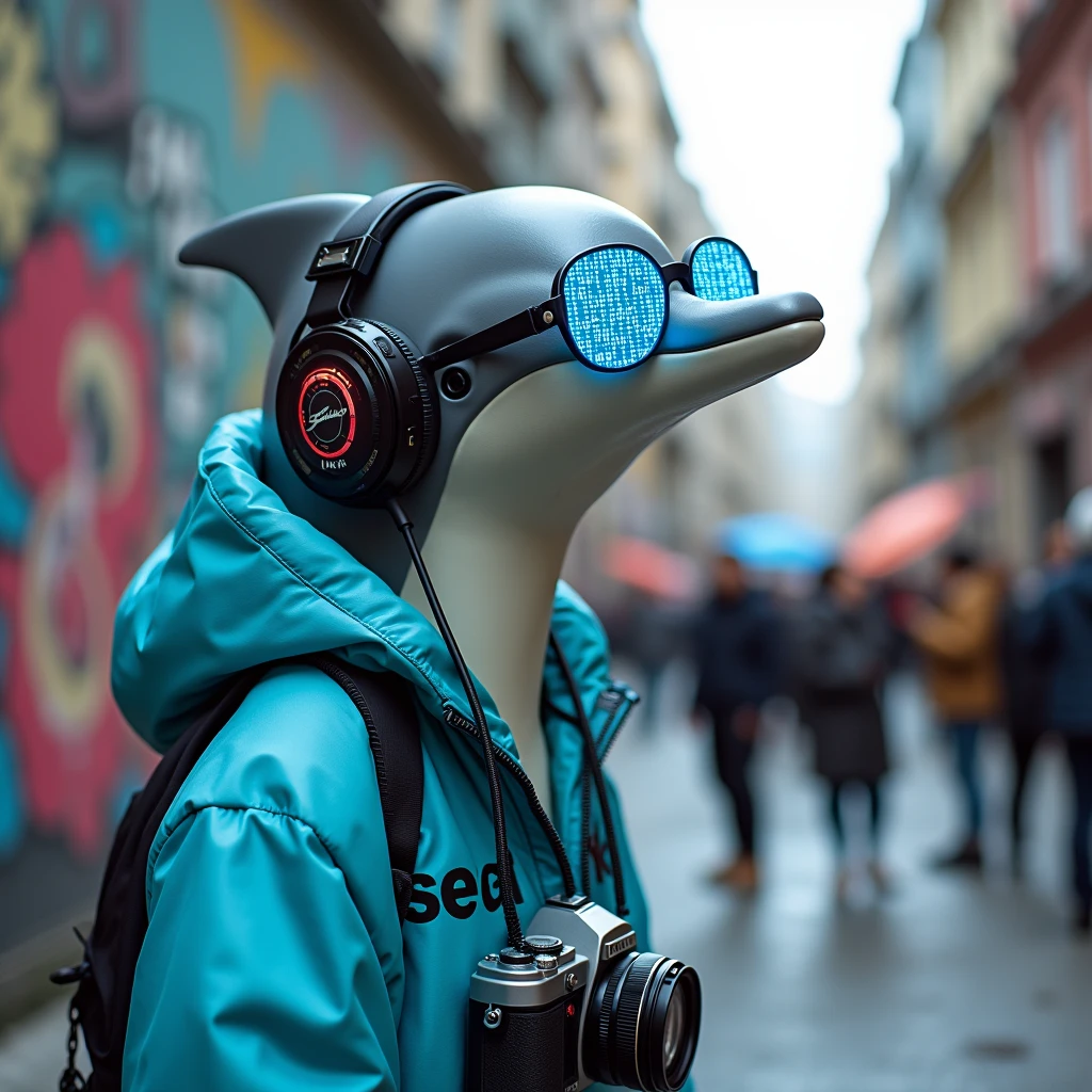 an anthropomorphic dolphin, dressed in 80s clothes but with cyberpunk style like a street art creator, He is wearing stereo headphones and glasses with a light blue HTML code on them.. He wears a camera hanging from his neck, On his light blue jacket he has the text in black ("seaart"). watching a group of people painting on the street