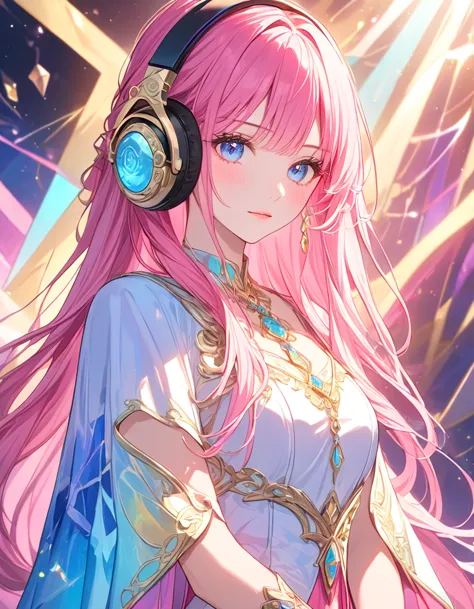 vibrant pink hair styled with elaborate headphones and flowing, wavy strands. she is wearing an ornate, light blue, armored dres...