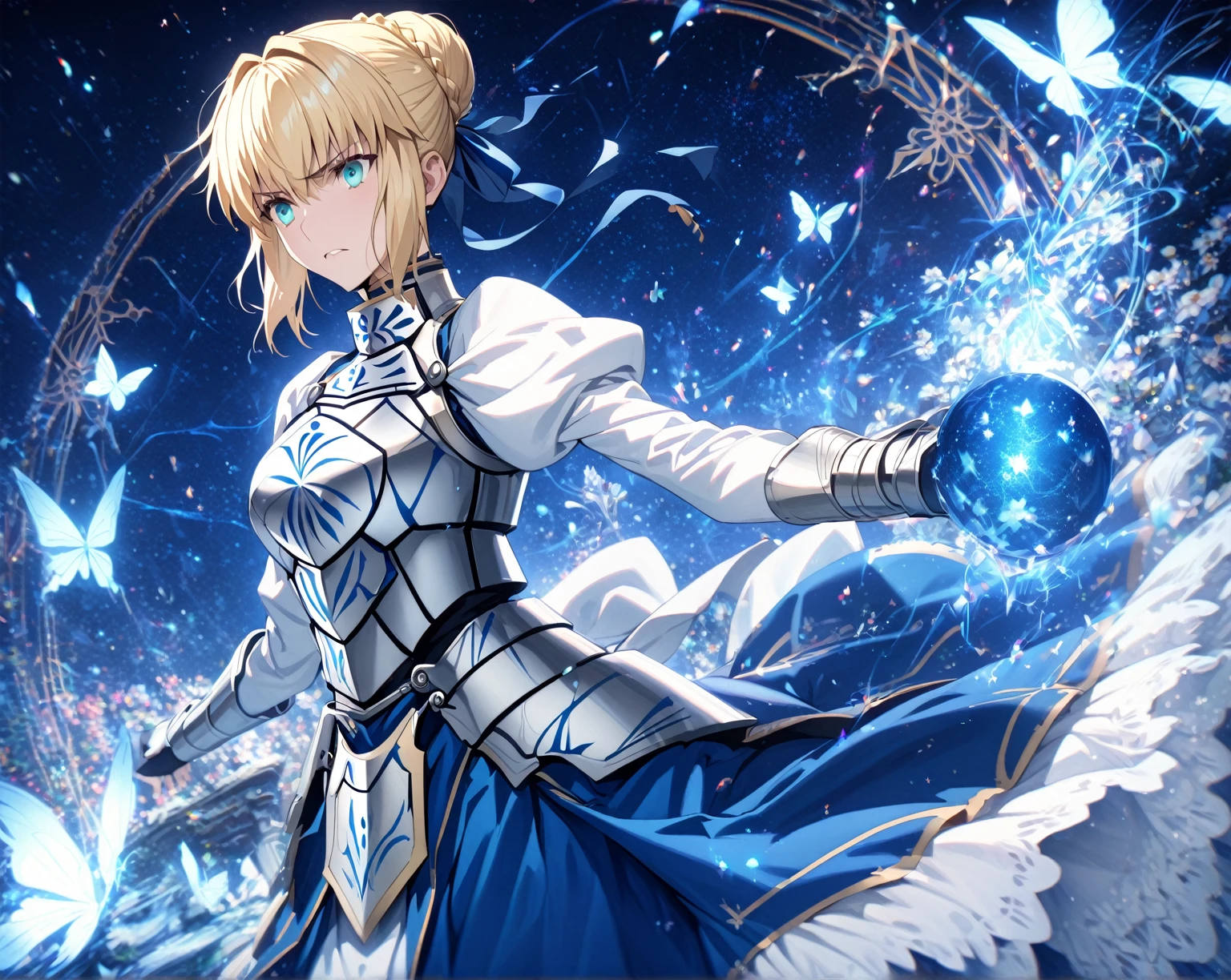 absurdres, highres, ultra detailed, HDR, master piece, Artoria Pendragon, blonde hair tied in a bun, expressive turquoise eyes, Saber, blue dress, extremely beautiful, sexy woman, best quality, Fate Grand Order, magical circle, fantasy, magical, sensual, blue starry sky, glittering, accessories, silver armor, blue ribbon, blue magic, blue flames, blue butterflies, stoic expression, flowers