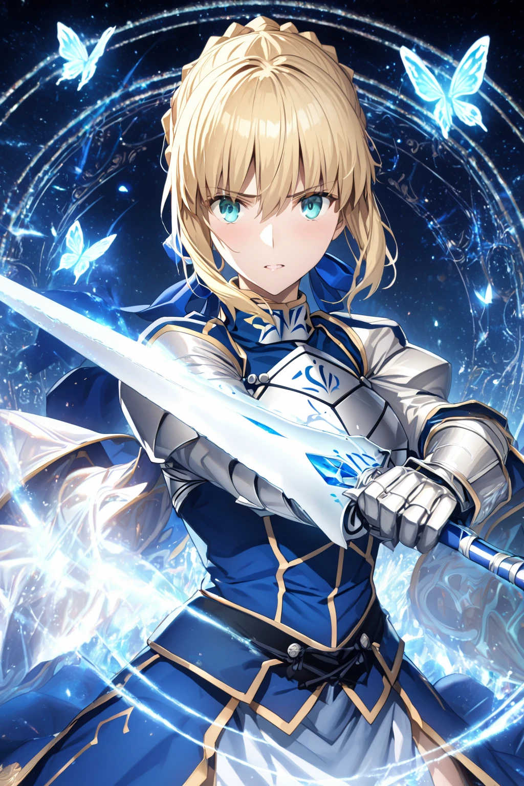 absurdres, highres, ultra detailed, HDR, master piece, Artoria Pendragon, blonde hair tied in a bun, expressive turquoise eyes, Saber, blue dress, extremely beautiful, sexy woman holding a sword, best quality, Fate Grand Order, magical circle, fantasy, magical, sensual, blue starry sky, glittering, accessories, silver armor, blue ribbon, blue magic, blue flames, blue butterflies,