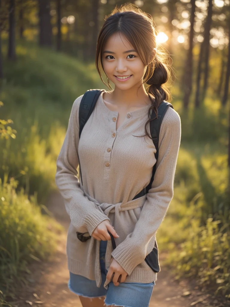 Cowboy Shot, View your viewers, (Early autumn hiking date), (8k, RAW Photos, Best Quality, masterpiece:1.2), (Realistic, Photorealistic:1.4), ((Climbing clothes)), Teenage Japanese Woman, (One Woman:1.2), She is very beautiful, Cute and symmetrical face, Perfect Face, Light Brown Hair, Medium Hair, Wavy Hair, Put your hair in a bun, Makeup,  Fair skin, Glowing Skin, Beautiful Hair, Beautiful Face, Beautiful attention to detail, Beautiful body, Beautiful fingers, (Hiking trails), Standing, Arms crossed, (Cute Smile), Very detailed, Shallow depth of field, Perfect Anatomy, Perfect legs, Perfect hands, Perfect Eyes, Perfect body, smile, Double eyelids, (Natural Side Lighting, Cinema Lighting),