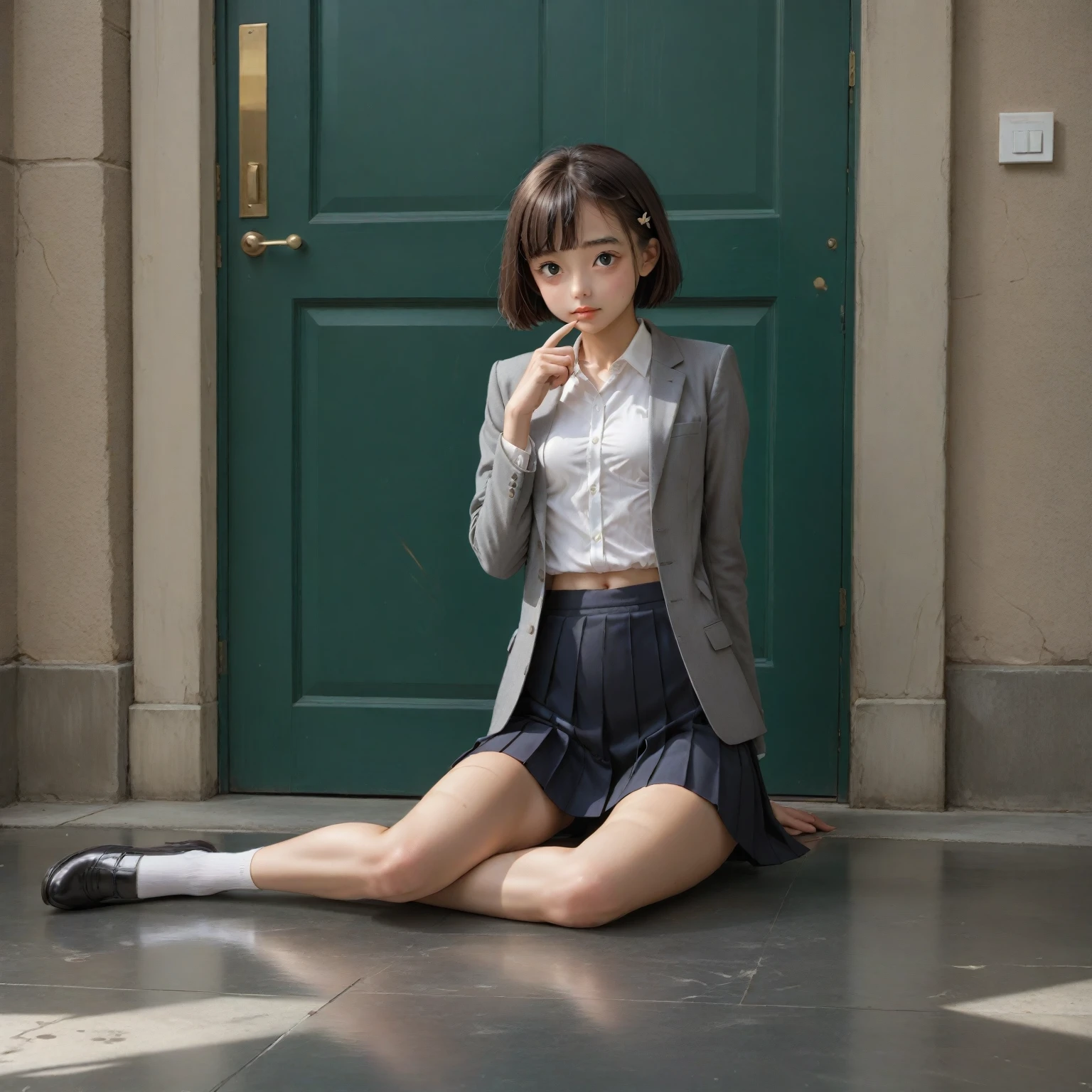 1girl,isiharasatomi,20 years old,(loli:1.2),,beautiful women,office_lady,,(small breasts:1.2),(skinny:1.2),akb48,nogizaka46,a young japann woman with dark brown hair, wearing a gray blazer, white blouse,  gray mini pleated skirt, is seated on a white tiled floor. Her left foot is resting on the floor, while her right foot rests on the edge of the floor. The woman's right hand is resting against a white wall, adding a touch of color to the scene. To the left of the woman, a green tiled wall is visible, with a green door in the background.,score_9,score_8_up,score_7_up,source_real,real skin,BREAK