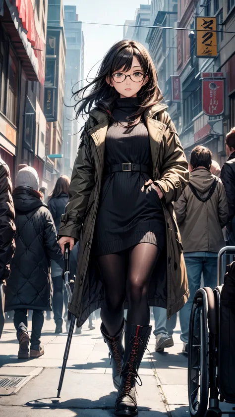 A detailed, realistic cityscape with a wheelchair user walking down the street, surrounded by many onlookers. The wheelchair user has dark hair, glasses, and a scared expression. She is wearing winter clothes, including a trench coat, tights, and lace-up boots. She is also wearing leg braces and using crutches. Some people in the crowd are watching her intently. The scene is captured with professional, physically-based rendering, bright colors, sharp focus, and studio lighting, resulting in an extremely detailed, high-quality, 4K/8K masterpiece.