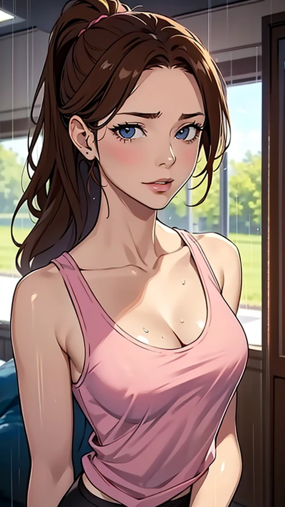 {8k image},  with intense rain，， 2 russian girl，Raised sexy，drenched all over the body，clothes see-through:1.2,, c cup，Wet hair, woman brown wavy hair and a ponytail. torn clothes. (pink summer tank top), damaged clothes, Cleavage, exposed.  {looking directly at the viewer}, {facing forward}, {perfect anatomy}, {image focused only on the face}, {face portrait}, livingroom background, small sized breasts, camel toe