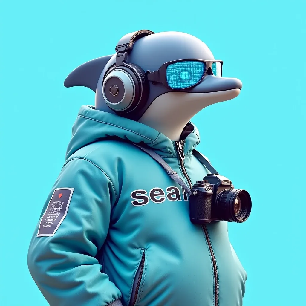 an anthropomorphic dolphin, dressed in 80s clothes but with cyberpunk style like a street art creator, He is wearing stereo headphones and glasses with a light blue HTML code on them.. He wears a camera hanging from his neck, On his light blue jacket he has the text in black ("seaart"). watching a group of people painting on the street