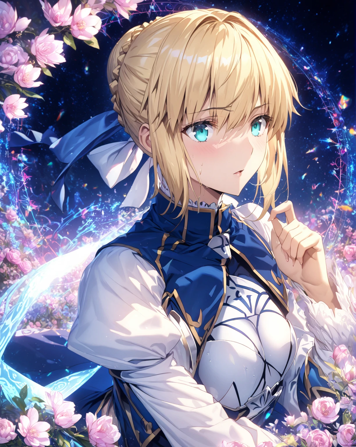 absurdres, highres, ultra detailed, HDR, master piece, Artoria Pendragon, blonde hair tied in a bun, expressive turquoise eyes, Saber, blue dress, extremely beautiful, sexy woman, best quality, Fate Grand Order, magical circle, fantasy, magical, sensual, blue starry sky, glittering, accessories, blue ribbon, blue magic, blue flames, pink flowers