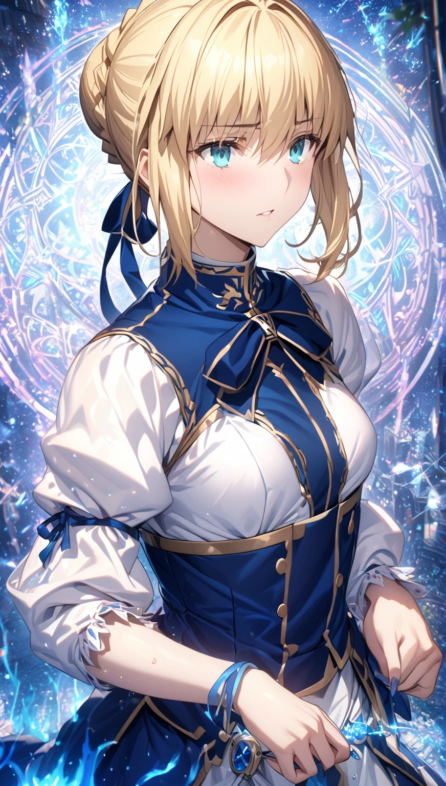 absurdres, highres, ultra detailed, HDR, master piece, Artoria Pendragon, blonde hair tied in a bun, expressive turquoise eyes, Saber, blue dress, extremely beautiful, sexy woman, best quality, Fate Grand Order, magical circle, fantasy, magical, sensual, blue starry sky, glittering, accessories, blue ribbon, blue magic, blue flames, purple roses