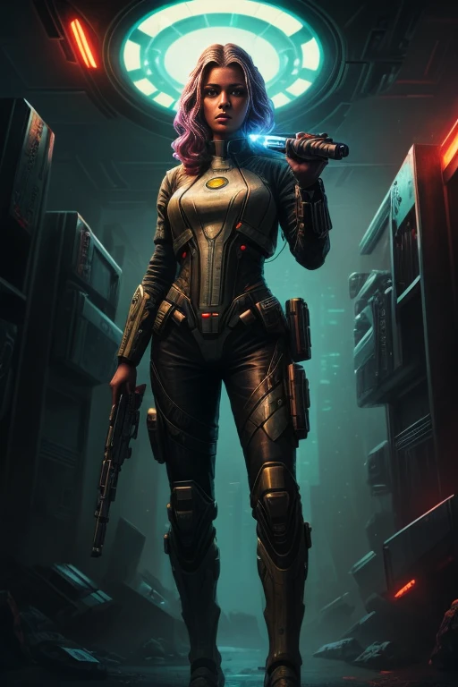 there is a woman holding a gun in a sci - fi style scene, scifi woman, epic sci - fi character art, epic sci-fi character art, epic scifi character art, sci-fi female, portrait of a sci - fi woman, sci fi female character, sci-fi fantasy art, scifi illustration, award winning scifi art, cyberpunk medusa