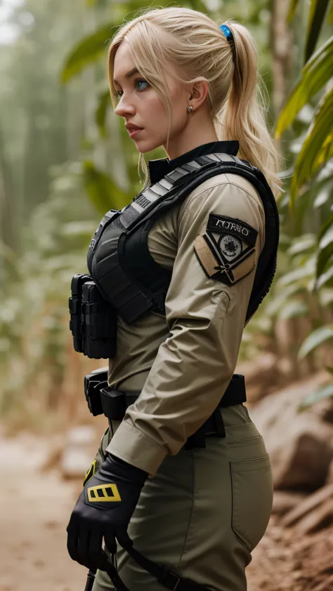 sydswe2024, 1girl, blonde hair, photorealistic, best quality, masterpiece, raw image, depth of field, wearing tactical suit, bul...