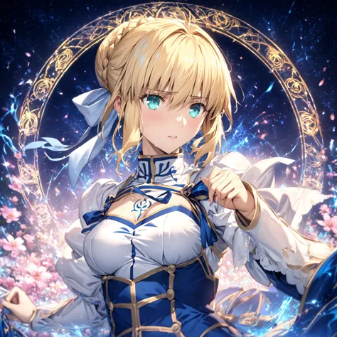 absurdres, highres, ultra detailed, hdr, master piece, artoria pendragon, blonde hair tied in a bun, expressive turquoise eyes, ...