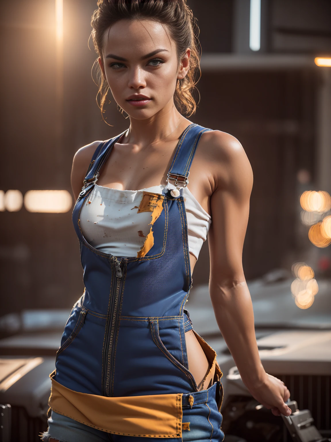 A sexy female mechanic, sexy torn mechanic overalls, bare midriff, pin-up aesthetic, high detail face, high detail skin, 8, HDR, high resolution, photo-realistic, cinematic lighting, depth of field, bokeh, rim lighting, backlit, cool colours, night