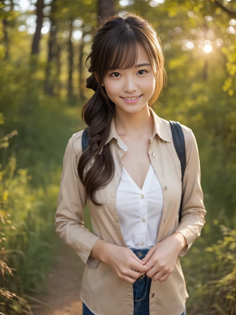 Cowboy Shot, View your viewers, (Early autumn hiking date), (8k, RAW Photos, Best Quality, masterpiece:1.2), (Realistic, Photorealistic:1.4), (Trekking Clothing:1.1), (Open Shirt), Teenage Japanese Woman, (One Woman:1.2), She is very beautiful, Cute and symmetrical face, Perfect Face, Light Brown Hair, Medium Hair, Wavy Hair, Put your hair in a bun, Makeup, Fair skin, Glowing Skin, Beautiful Hair, Beautiful Face, Beautiful attention to detail, Beautiful body, Beautiful fingers, (Hiking trails), Standing, Arms crossed, (Cute Smile), Very detailed, Shallow depth of field, Perfect Anatomy, Perfect legs, Perfect hands, Perfect Eyes, Perfect body, smile, Double eyelids, (Natural Side Lighting, Cinema Lighting),