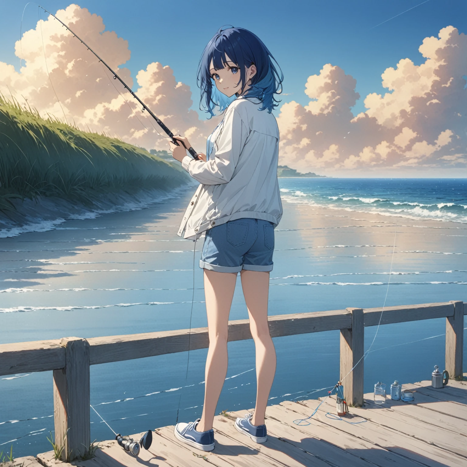 Blue Hair, girl, university student、Casual clothing, Small breasts, Sea fishing from the dike, Holding a fishing rod、A thread hanging on the water surface、Sea view