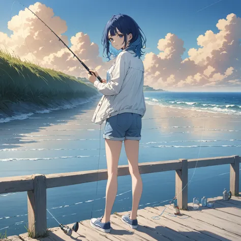 blue hair, girl, university student、casual clothing, small breasts, sea fishing from the dike, holding a fishing rod、a thread ha...