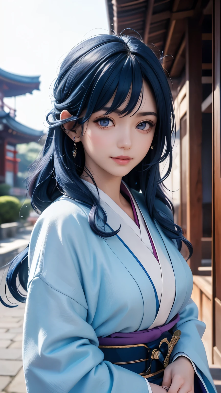 (masterpiece, Best Quality), Intricate details, thin, ((slim)), beautiful girl, Blue Hair, White skin, Light purple eyes, Sharp jawline, Cropped jacket, Messy Hair, lips, Upper Body, close, Grin, medieval japanese woman, a beautiful girl with long blue hair, bright blue hair, curly hair, cute, kimono, Medieval Kamakura, temple, outdoor, japan, Japan, nepal,