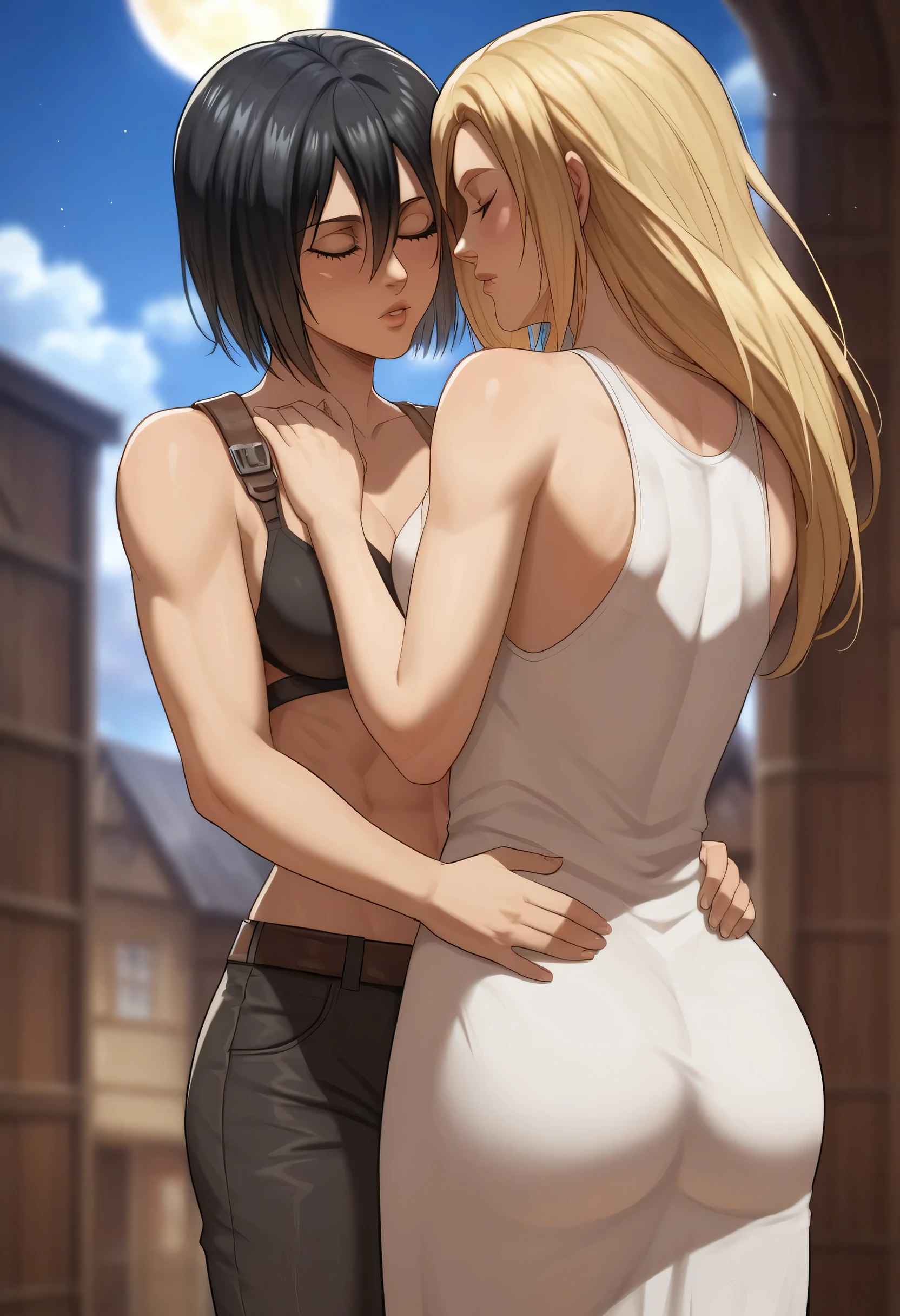 score_9, score_8_up, score_7_up, BREAK source_anime, historia reiss, blue eyes, blonde hair, long hair, medium breasts, long white dress sleeveless,female black hair soldier hugs historia from behind,Mikasa with historia hugs historifrom behind,mikasa wreanig black sport bra and black combat pants,Mikasa female with short hair,mikasa female medium breasts,eyes closed,in night,moon in sky,mikasa final season,mikasa taller than historia,Mikasa hugs historia from behind,mikasa short black hair,historia blonde long hair,mikasa final season,girl× girl,yuri,lesbians,romantic yuri,girls love