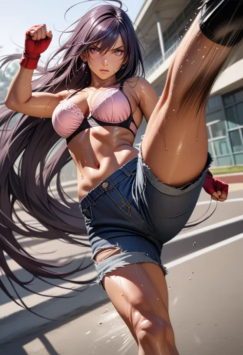 kanu,dark purple hair, hair over one eye, very long hair,red fingerless gloves, midriff,(delicate embellishments gorgeous bra:1....