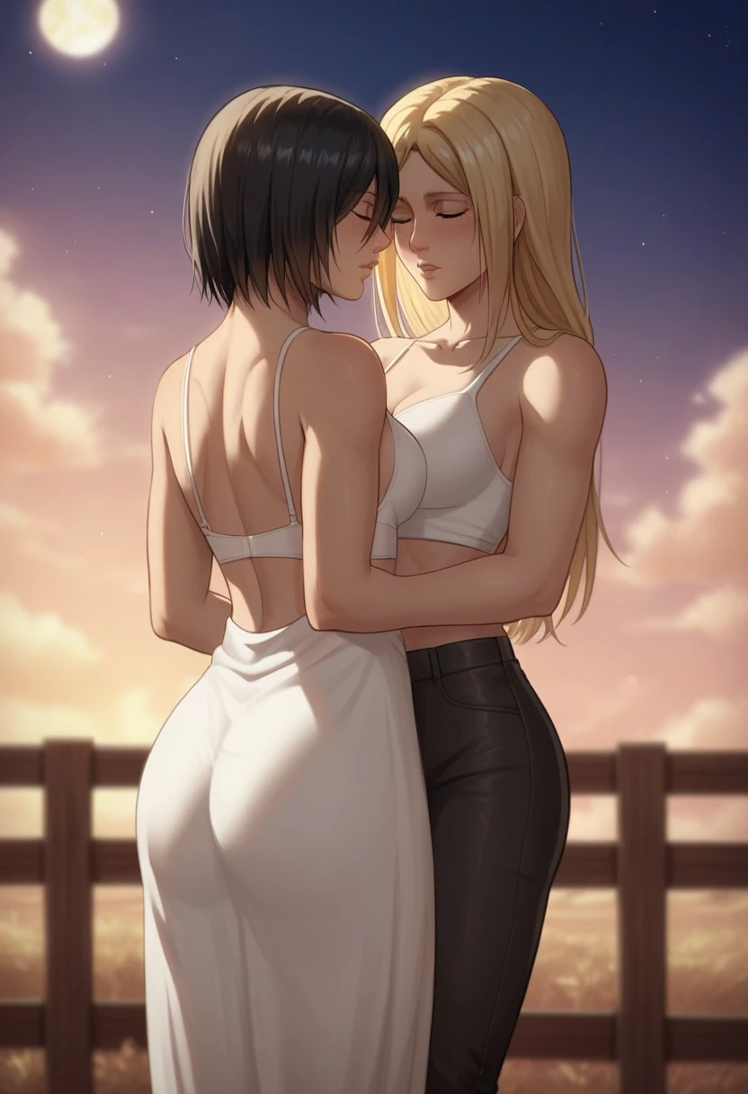 score_9, score_8_up, score_7_up, BREAK source_anime, historia reiss, blue eyes, blonde hair, long hair, medium breasts, long white dress sleeveless,female black hair soldier hugs historia from behind,Mikasa with historia hugs historia from behind,mikasa wreanig black sport bra and black combat pants,Mikasa female with short hair,mikasa female medium breasts,eyes closed,in night,moon in sky,mikasa final season,mikasa taller than historia,Mikasa hugs historia from behind,mikasa short black hair,historia blonde long hair,mikasa final season,girl× girl,yuri,lesbians,romantic yuri,girls love, historia blonde short than mikasa,Mikasa hairstyle from final season 