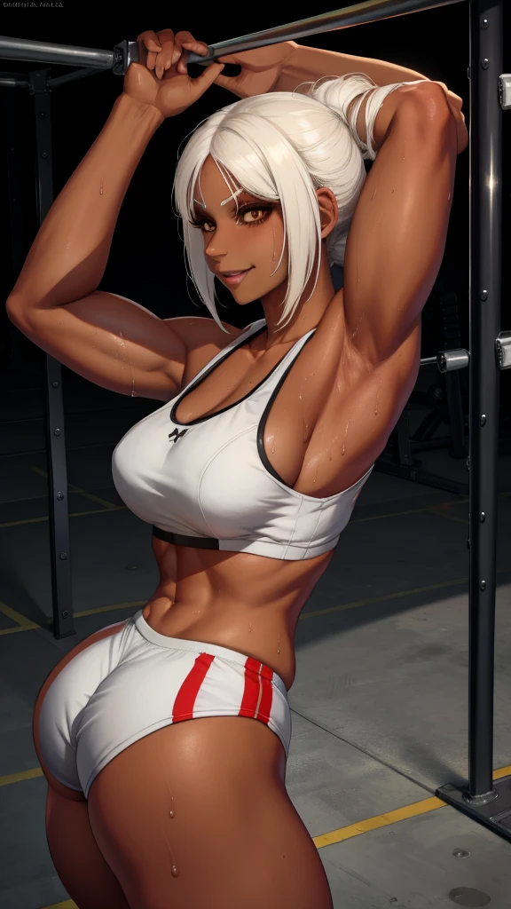 Vannesa,white hair,dark-skinned female,brown eyes,toned, upper body, sweat, smiling, 
Gym, steel cage,
 