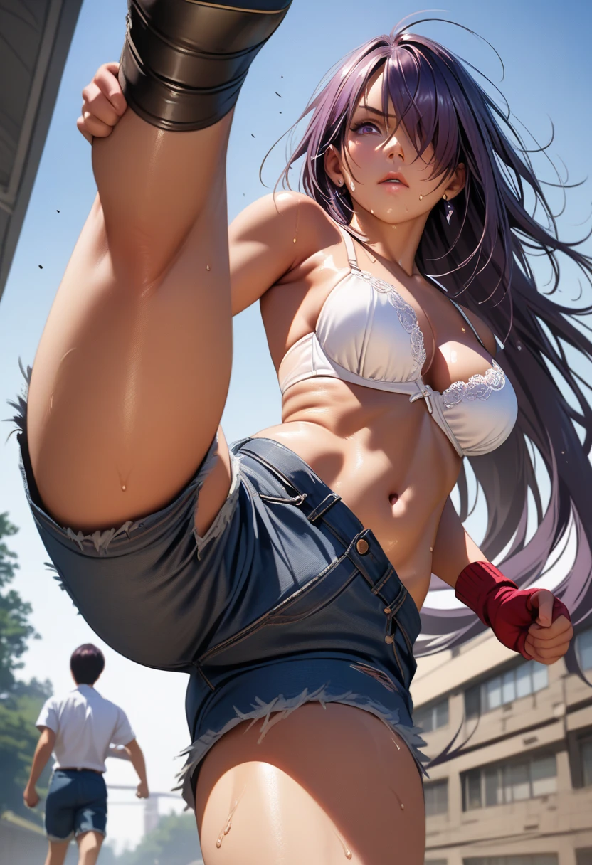 kanu,dark purple hair, hair over one eye, very long hair,red fingerless gloves, midriff,(delicate embellishments Gorgeous bra:1.2),navel,earrings,(low-rise damaged very short denim pant:1.3),large breasts,perfect hands, perfect finger,perfect anatomy, masterpiece, best quality,realistic, hyperrealistic, 16k hdr,(1 muscular girl:1.2),outdoor,high school,(kicking down, kicking at viewer:1.4),dynamic angle,upper body,serious,sweat,strong wind,from below