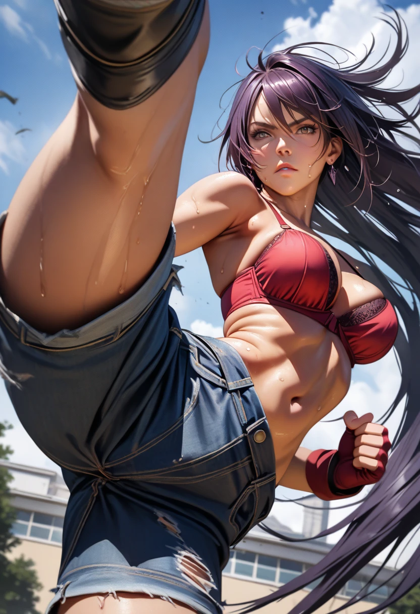 kanu,dark purple hair, hair over one eye, very long hair,red fingerless gloves, midriff,(delicate embellishments Gorgeous bra:1.2),navel,earrings,(low-rise damaged very short denim pant:1.3),large breasts,perfect hands, perfect finger,perfect anatomy, masterpiece, best quality,realistic, hyperrealistic, 16k hdr,(1 muscular girl:1.2),outdoor,high school,(kicking down, kicking at viewer:1.4),dynamic angle,upper body,serious,sweat,strong wind,(from below,from side:1.1)