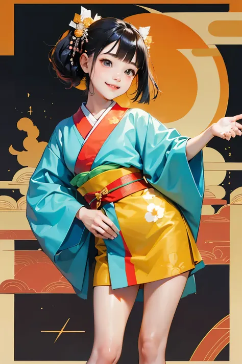 A beautiful woman wearing a gorgeously patterned kimono is smiling々greeting，(Young Japanese little girl)，baby face，Cute loincloth:1.4，Very short stature，Very thin thighs，Japanese Festivals，(Side Pony,Colorful Hair)，