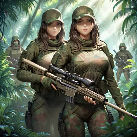 a squad of female combat soldiers in stealth camouflage armor, blurred body outlines, equipped with sniper rifles, hidden in lus...