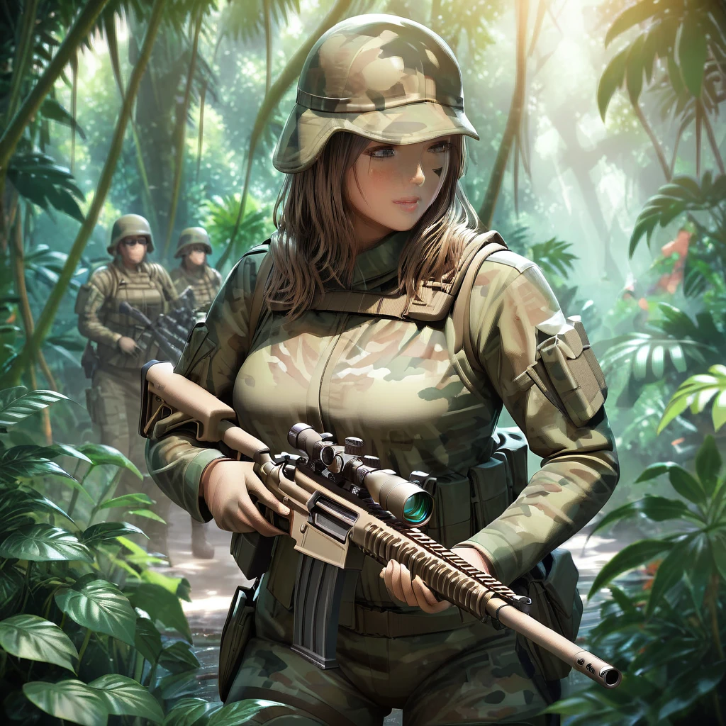 a squad of female combat soldiers in stealth camouflage armor, blurred body outlines, equipped with sniper rifles, hidden in lush jungle, face paint, only glimpses of faces and hands visible, dark jungle environment with minimal sunlight, (transparent person:1.5), predator-like stealth and combat abilities, highly detailed, cinematic, photorealistic