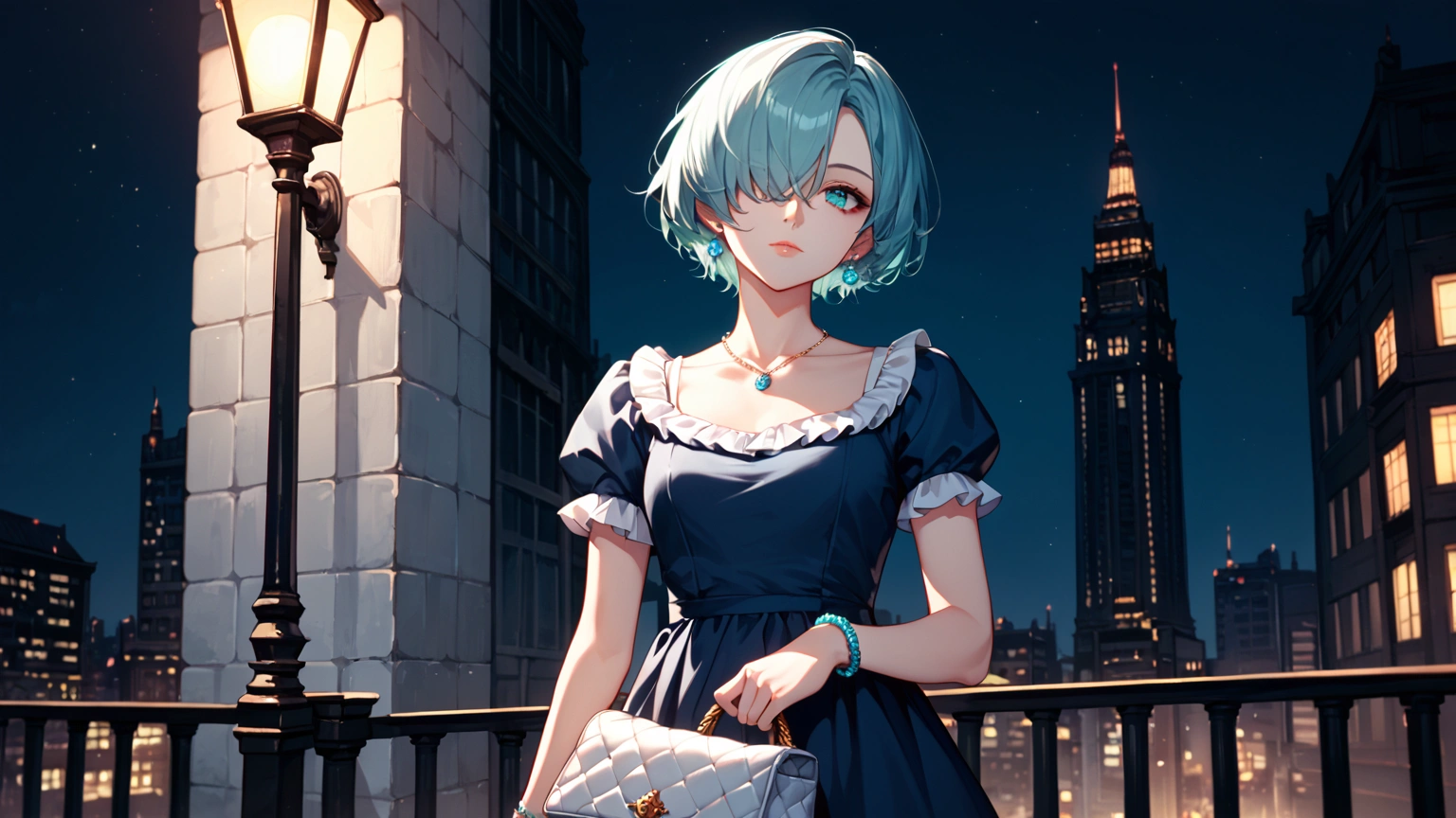 score_9, score_8_up, score_7_up, 1girl, solo, aqua hair, short hair, hair over one eye, hair over eyes, aqua eyes, aqua nails, expressionless, light smile, lips, navy dress, frilled dress, white frills, short sleeves, collarbone, blue earrings, blue necklace, silver bracelet, white handbag, holding, holding bag, outdoors, city, faint light, cool light, moonlight, night